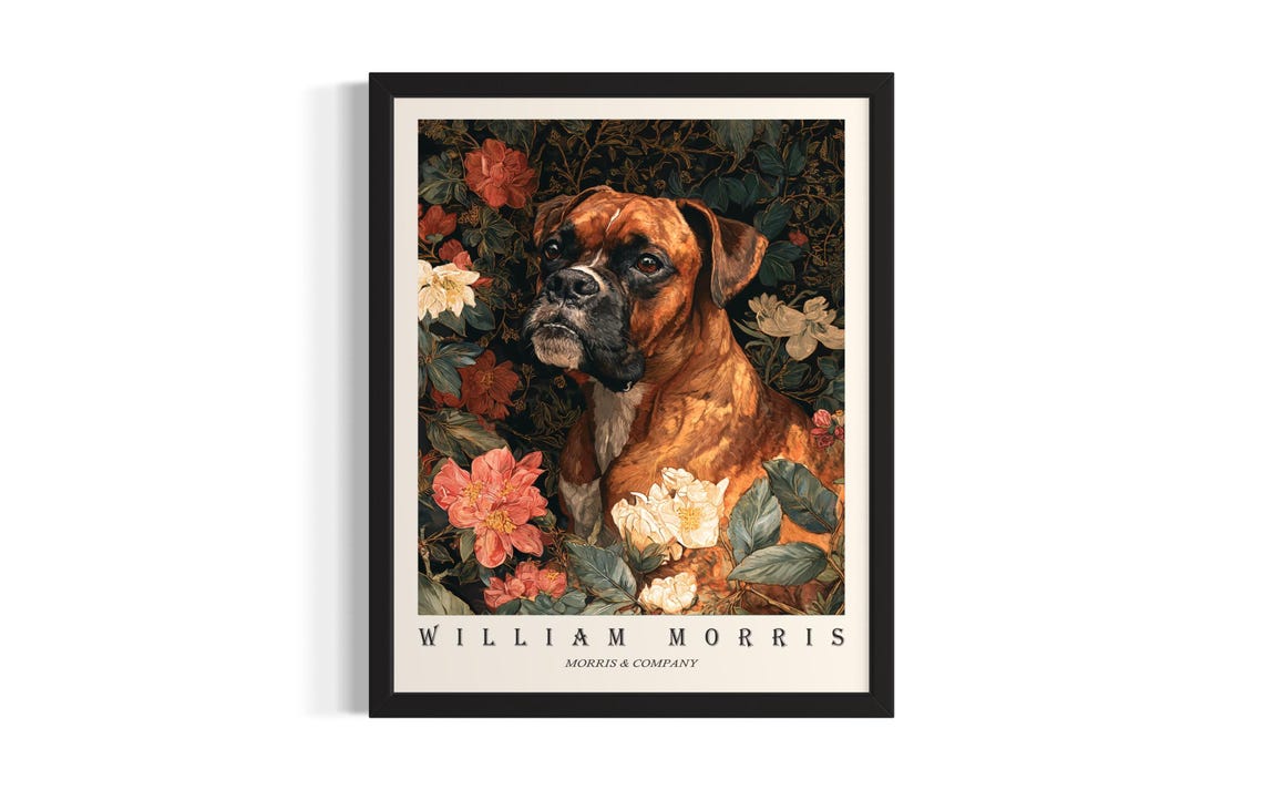 Boxer William Morris Floral Botanical Dog Portrait Art Poster