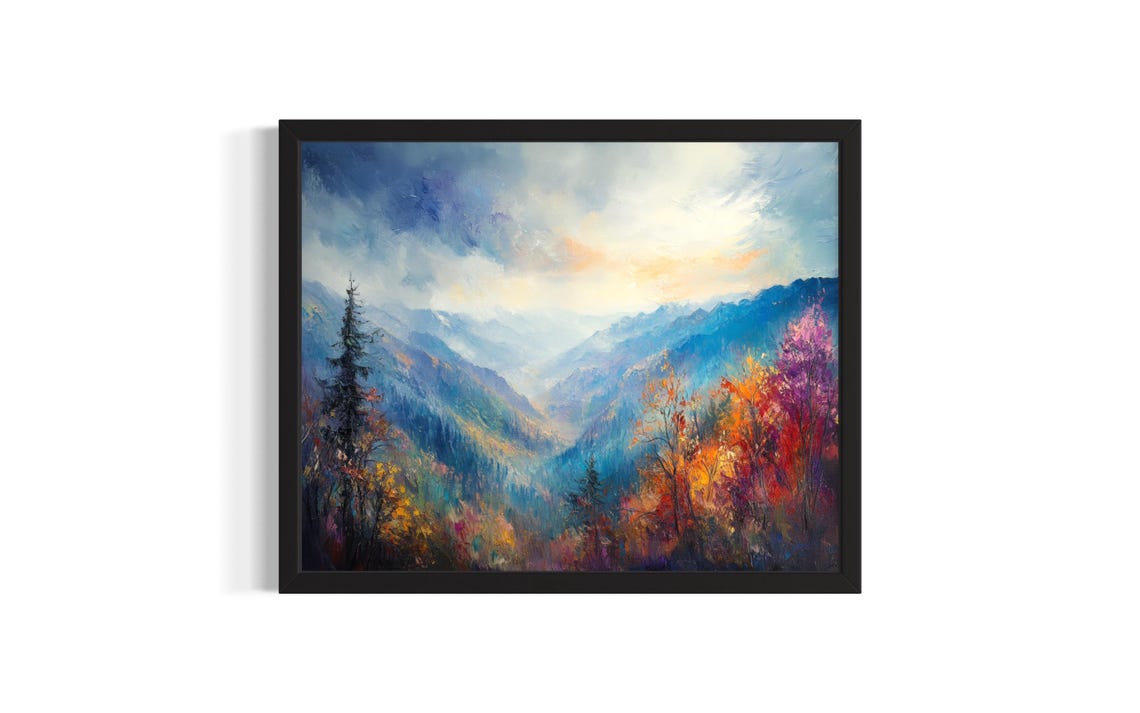 Misty Blue Mountain Valley with Autumn Colors Moody Alpine Art Poster