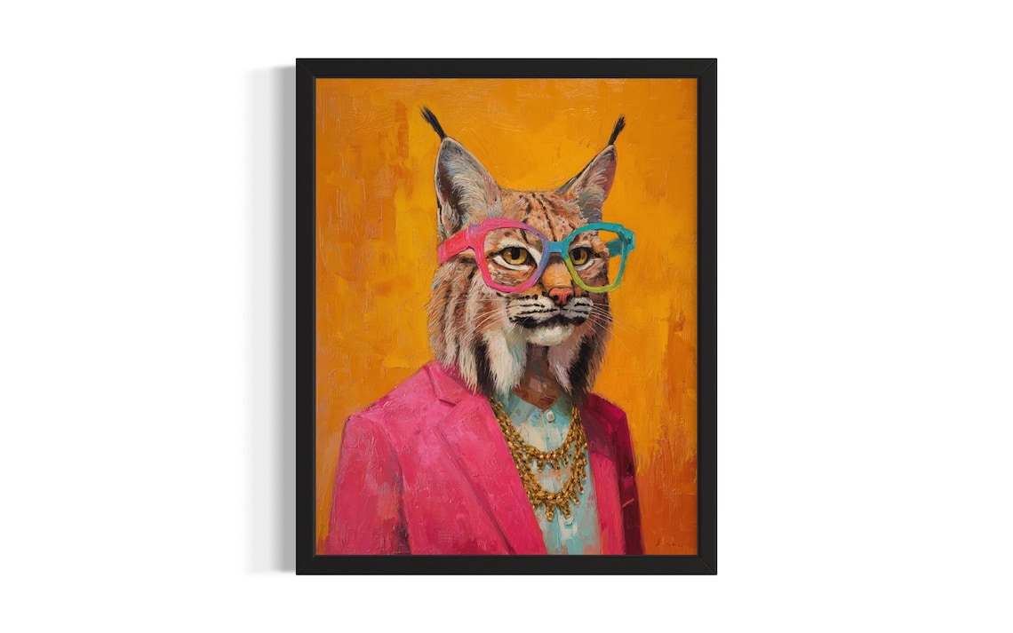 Wild Cat Hip Hop Portrait Colorful Glasses Pink Blazer Gold Chains Poster