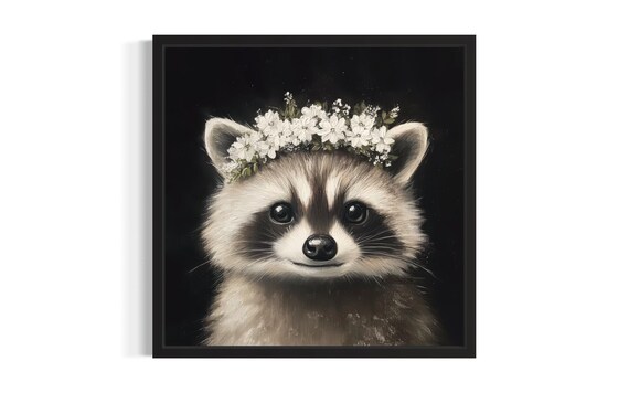 Raccoon with White Flower Crown on Black Background Painting Poster