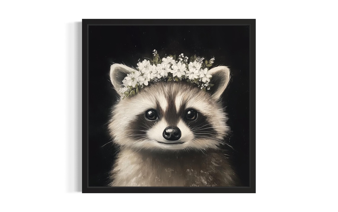 Raccoon with White Flower Crown on Black Background Painting Poster