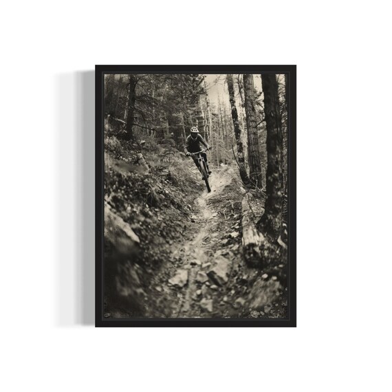 Mountain Biker Forest Trail Vintage Black and White Cycling Photo Poster