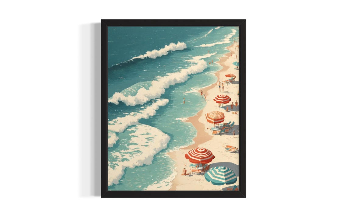 Aerial Beach Umbrellas Ocean Waves Summer Coastline Scene Poster