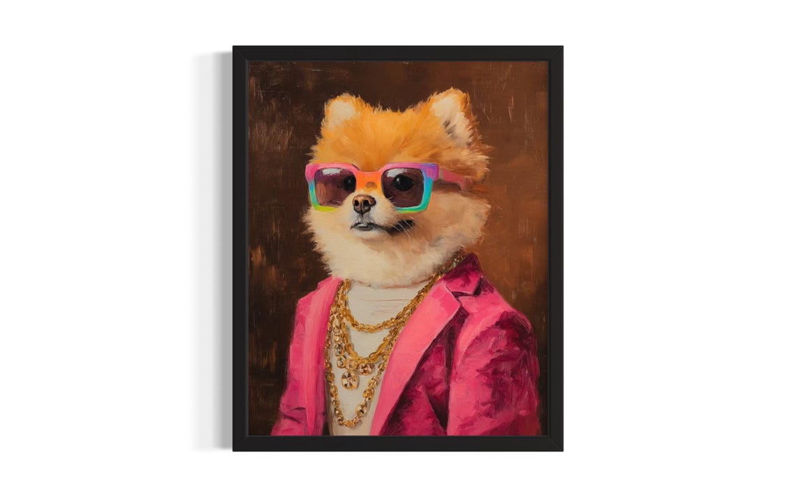 Pomeranian Dog Hip Hop Portrait Rainbow Sunglasses Pink Suit Poster