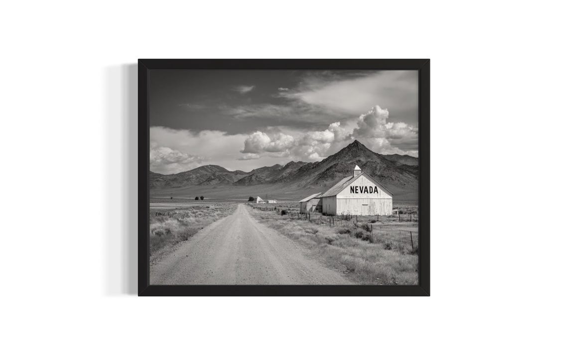 Nevada Barn Black And White Photography Country Road Mountains Poster