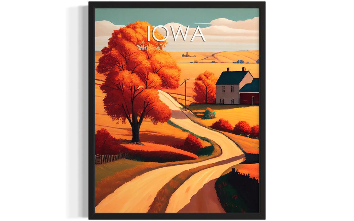 Iowa Autumn Farm Road Red Maple Tree Golden Fields Travel Poster