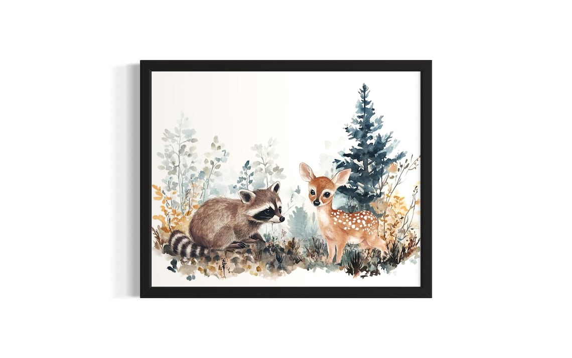 Sweet Raccoon and Fawn in a Woodland Clearing Watercolor Poster