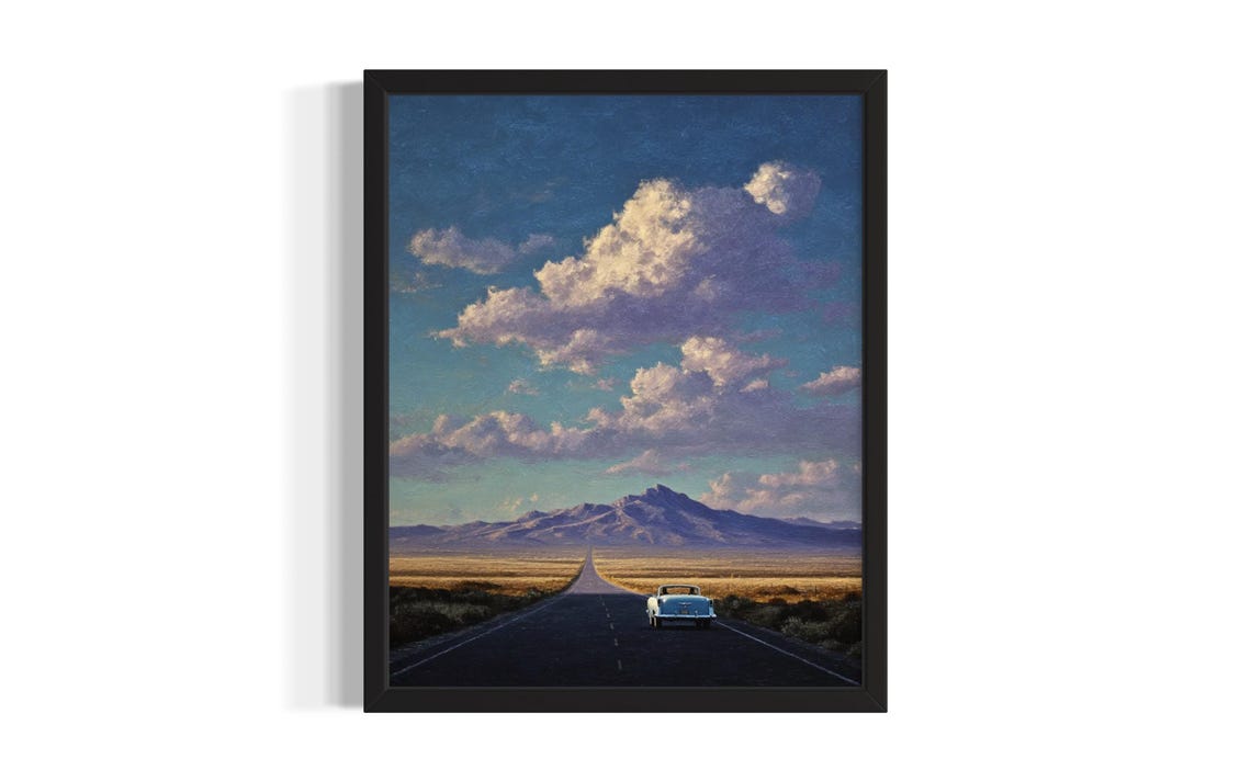 Classic Convertible Desert Highway Oil Painting Mountain Road Poster