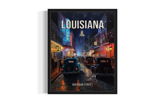 Louisiana Bourbon Street at Night Neon Signs Jazz Vintage Poster