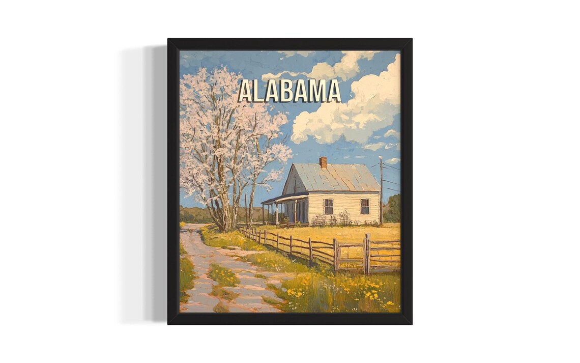 Alabama Spring Farmhouse Blossom Tree Country Lane Travel Poster