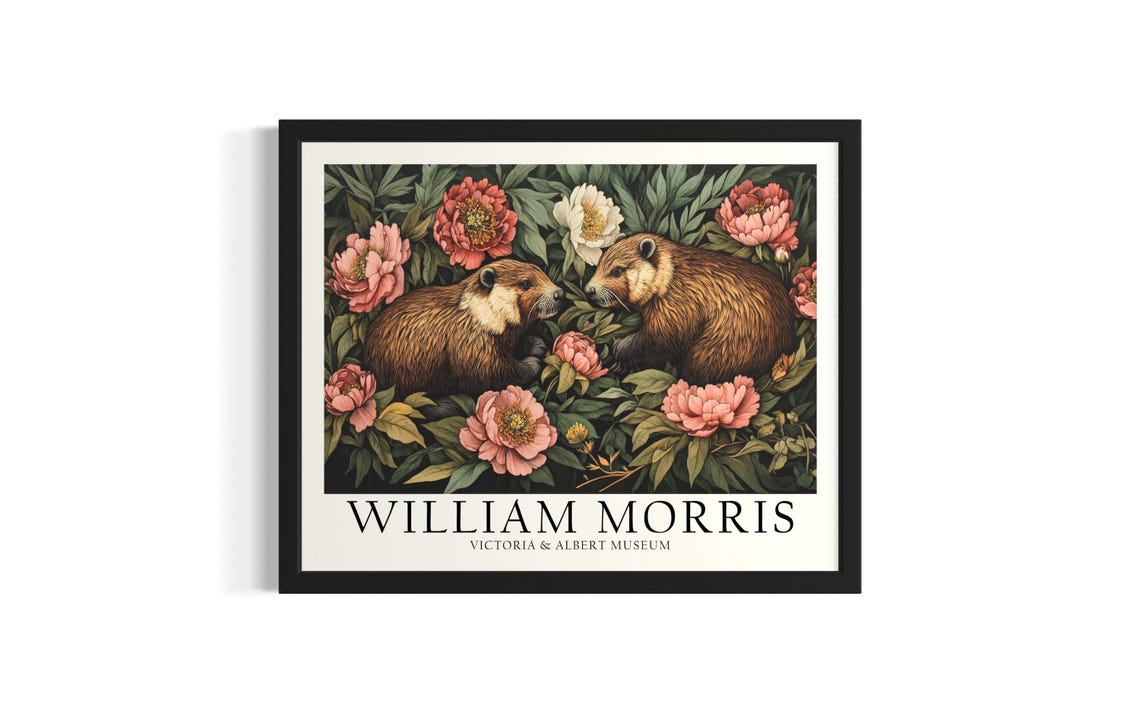 Two Beavers Among Pink Peonies William Morris Inspired Art Poster