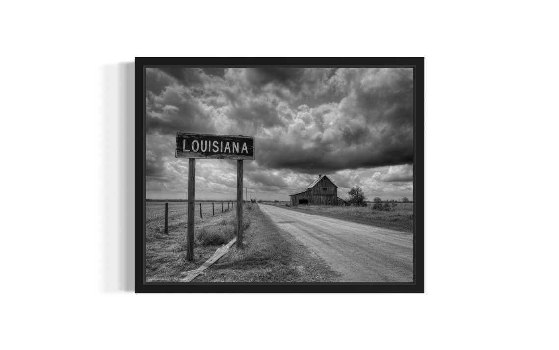 Louisiana Vintage Black and White Dirt Road Sign Stormy Poster Art