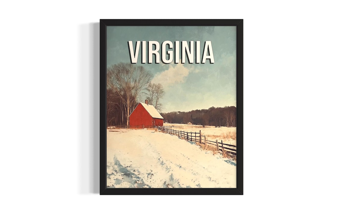 Virginia Winter Red Barn Snowy Farm Landscape Vintage Travel Poster