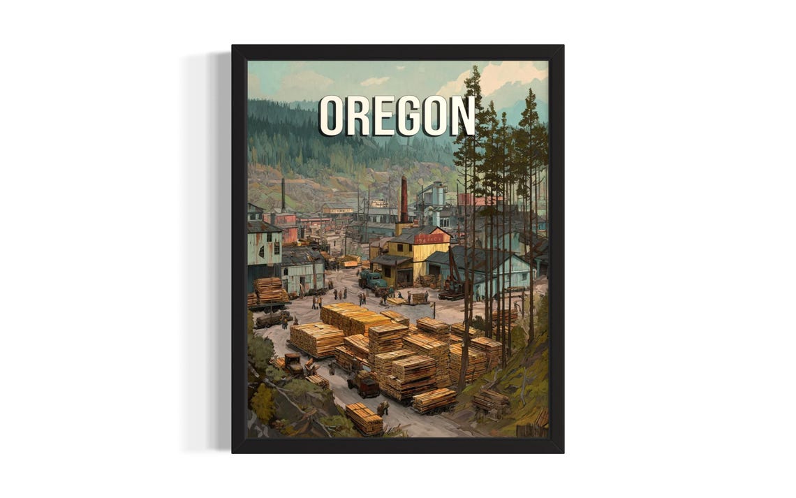 Oregon Historic Lumber Mill Town Forest Vintage Style Poster