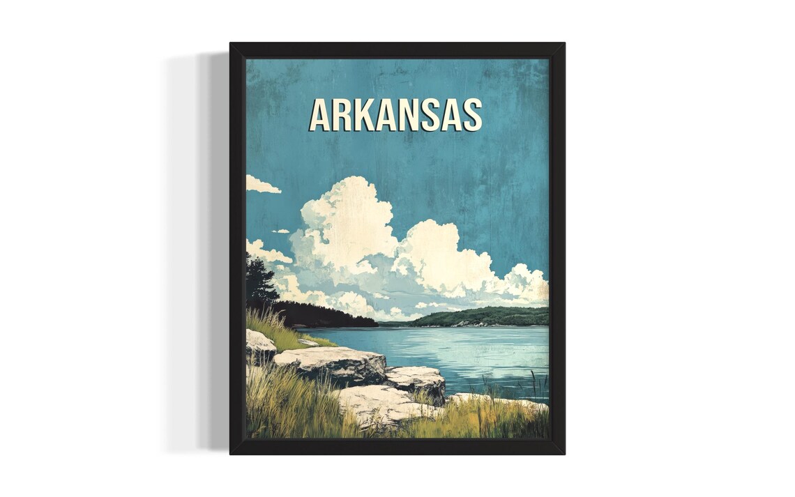 Arkansas Lake Scenic Retro Travel Art Rocky Shore Clouds Poster