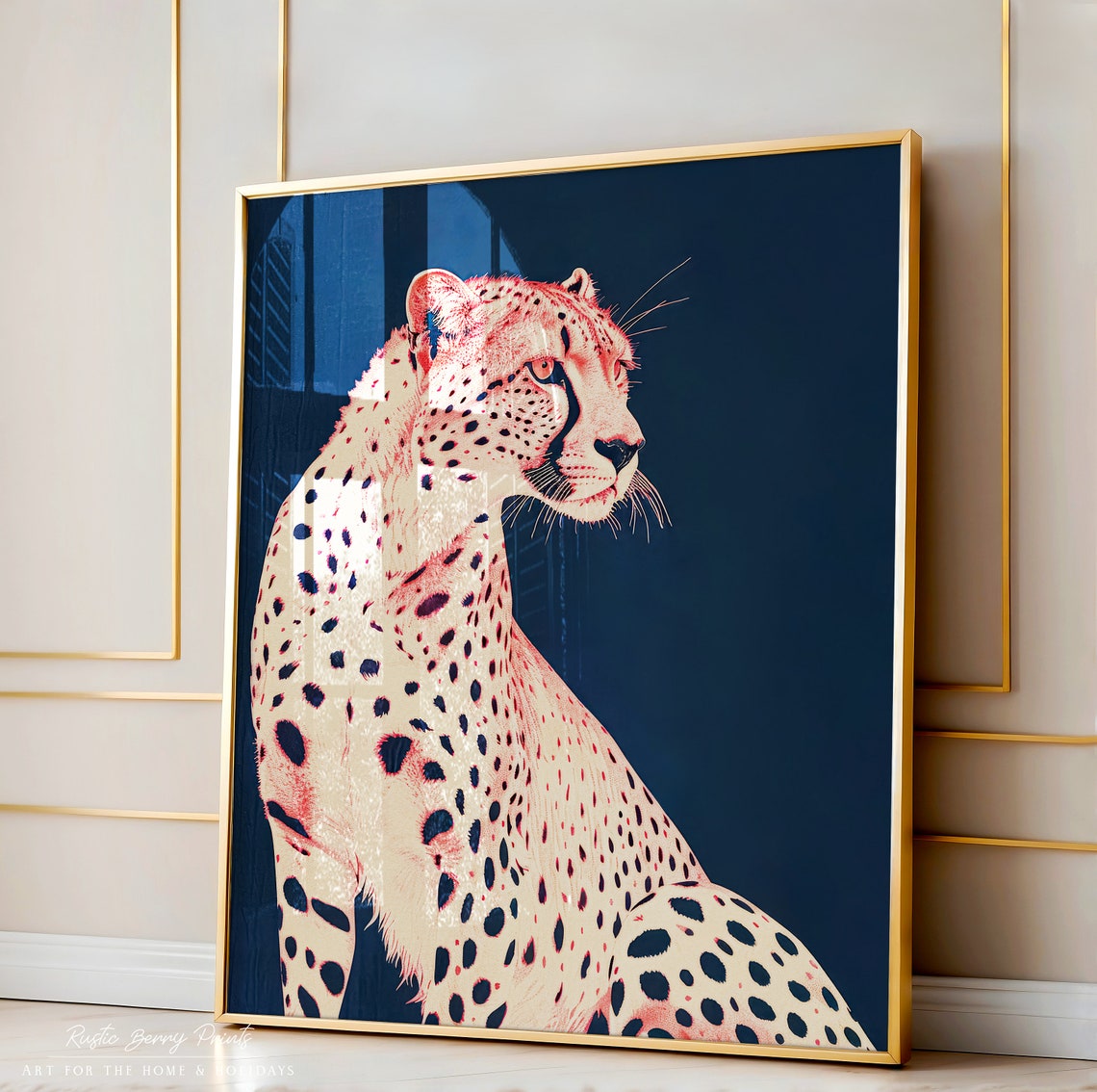 Cheetah Profile Portrait Halftone Pop Style Dark Navy Blue Wall Art