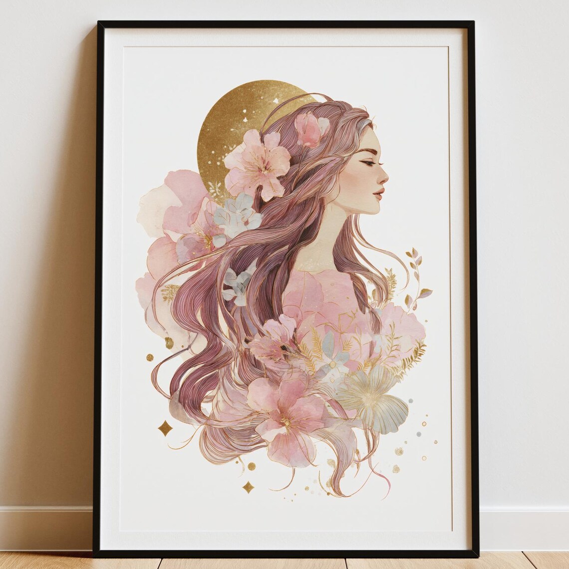 Ethereal Lavender Haired Woman Gold Sun Floral Portrait Wall Poster