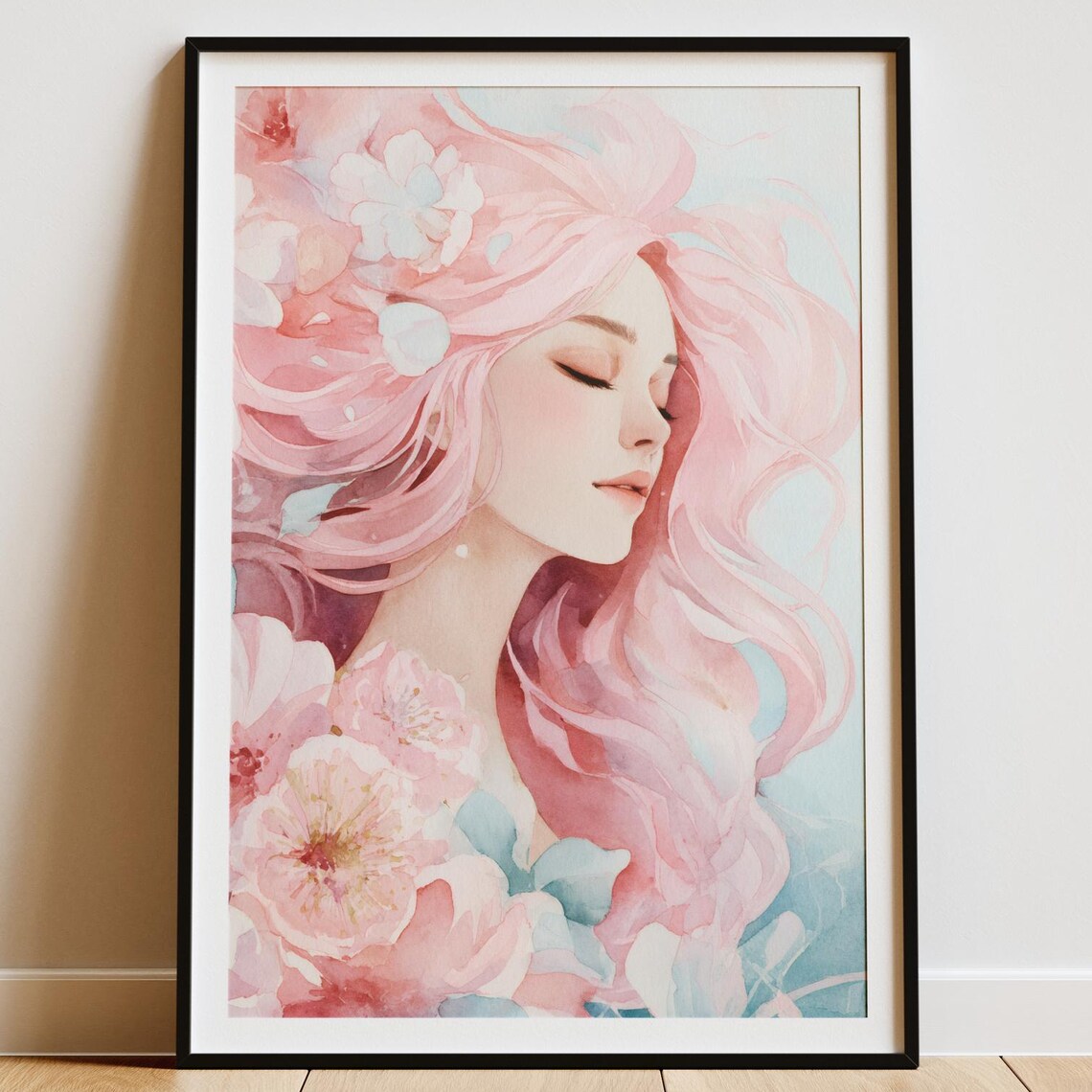 Blush Pink Haired Woman Floral Watercolor Portrait Wall Poster