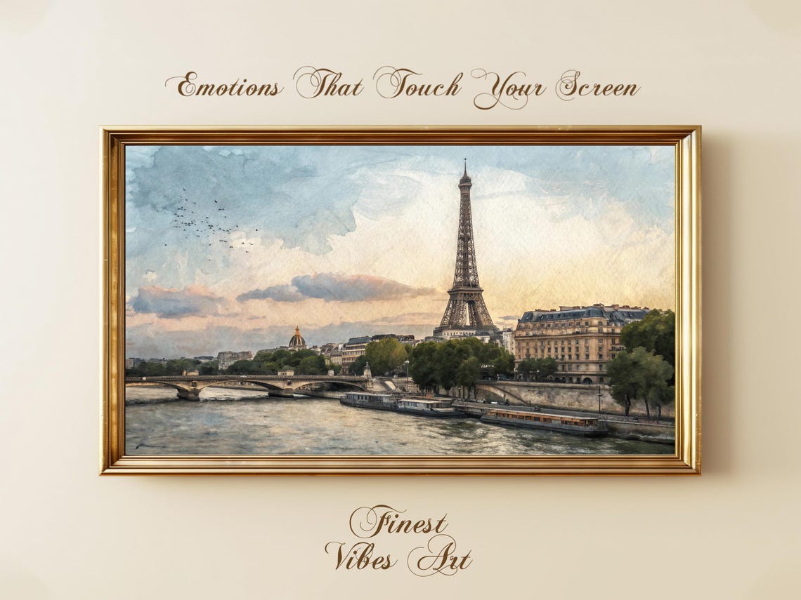 Eiffel Tower Paris Sunset Watercolor Seine River Romantic Wall Art