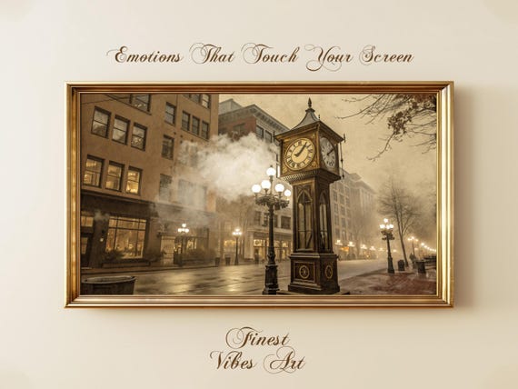 Gastown Steam Clock Art Moody Sepia Vancouver Street Scene Vintage Foggy Cityscape