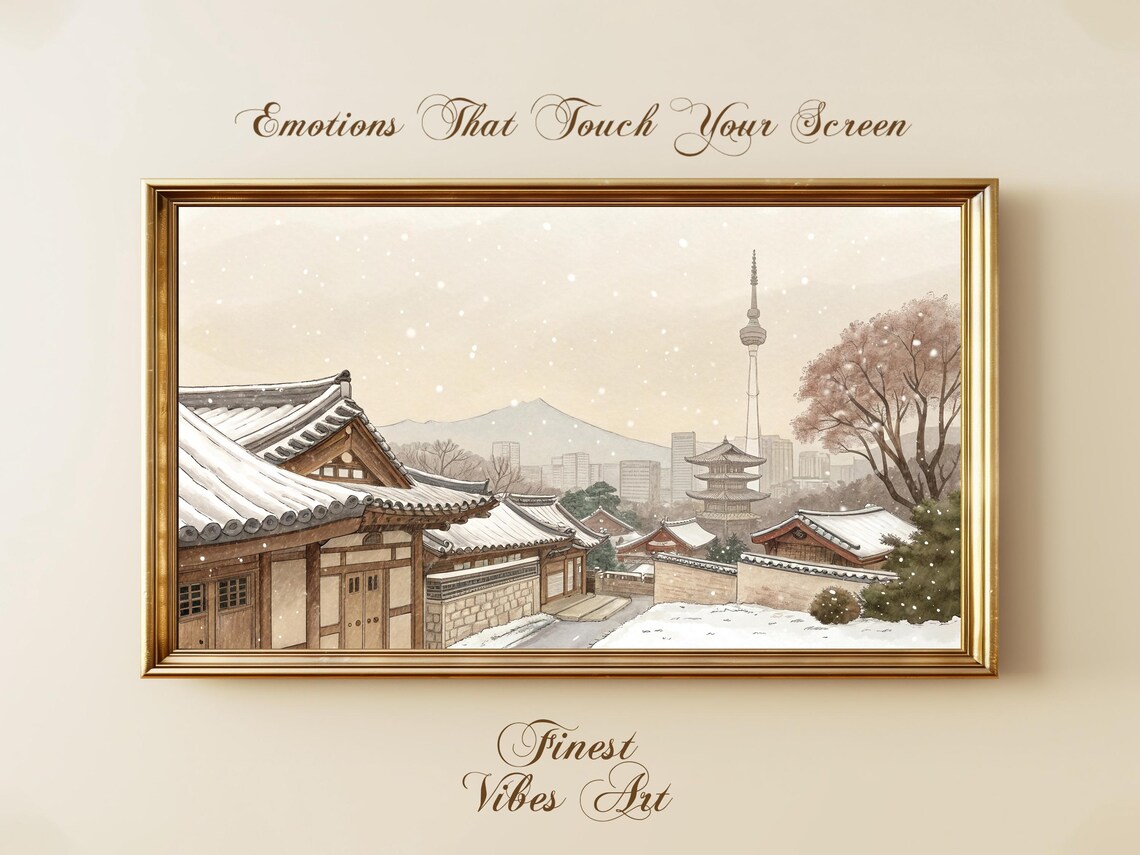 Seoul Winter Hanok Village Snowy N Seoul Tower Art Painting Poster