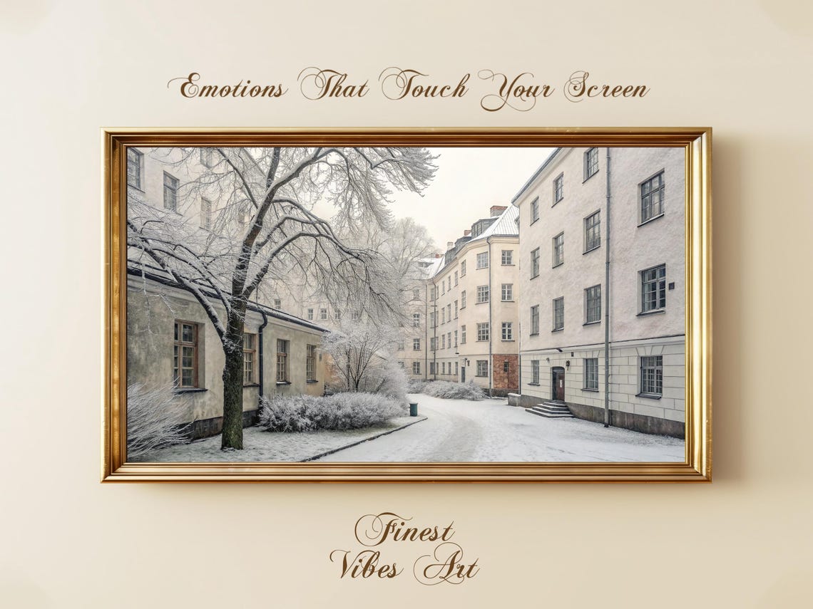 Winter Courtyard Poster Snowy European Street Scene Black White Art