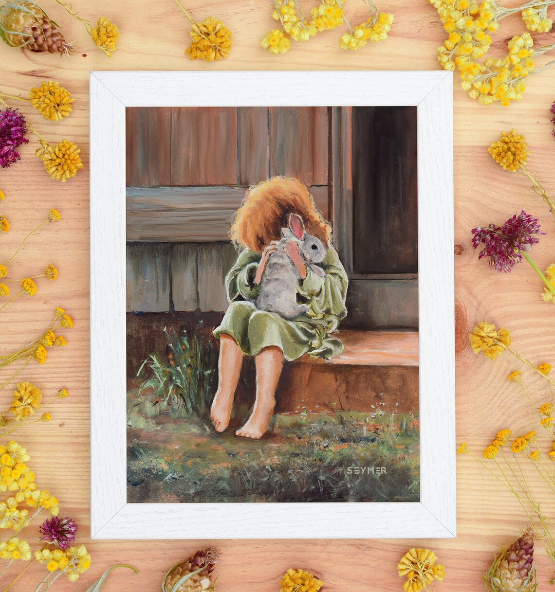 Little Girl with Curly Red Hair Cuddling a Rabbit on a Porch Poster - Image 3