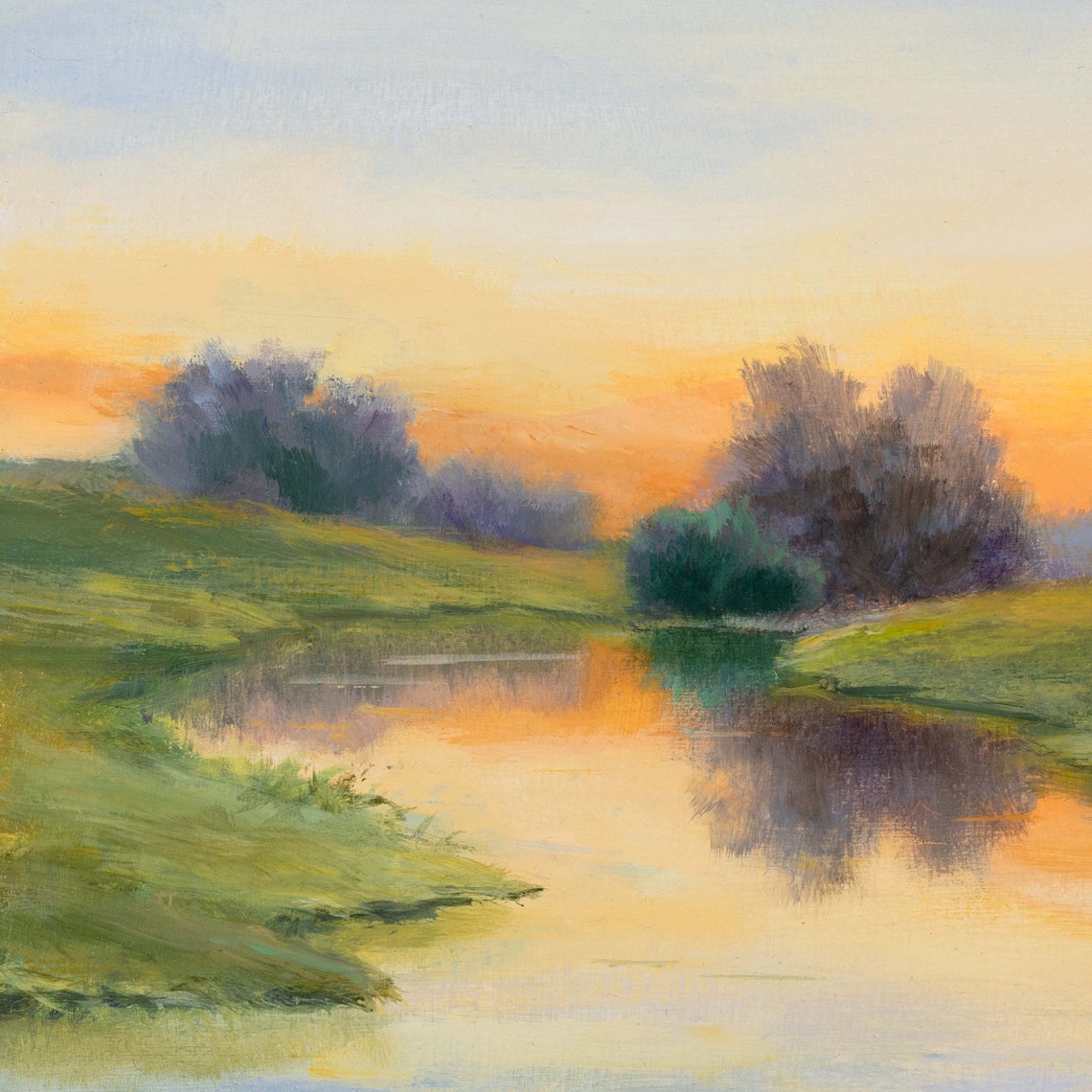 River With Trees Drawing Original Framed Painting Realistic Sunrise River Green Grass Classic Landscape Fine Art Peaceful River Scene - Image 3