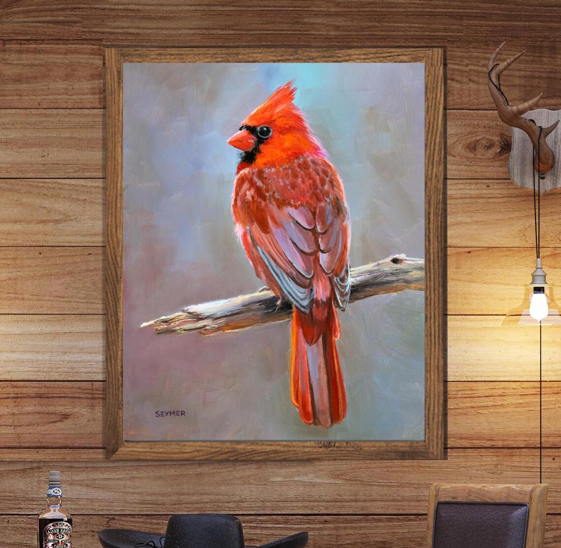 Red Northern Cardinal On Branch Realistic Bird Oil Painting Poster