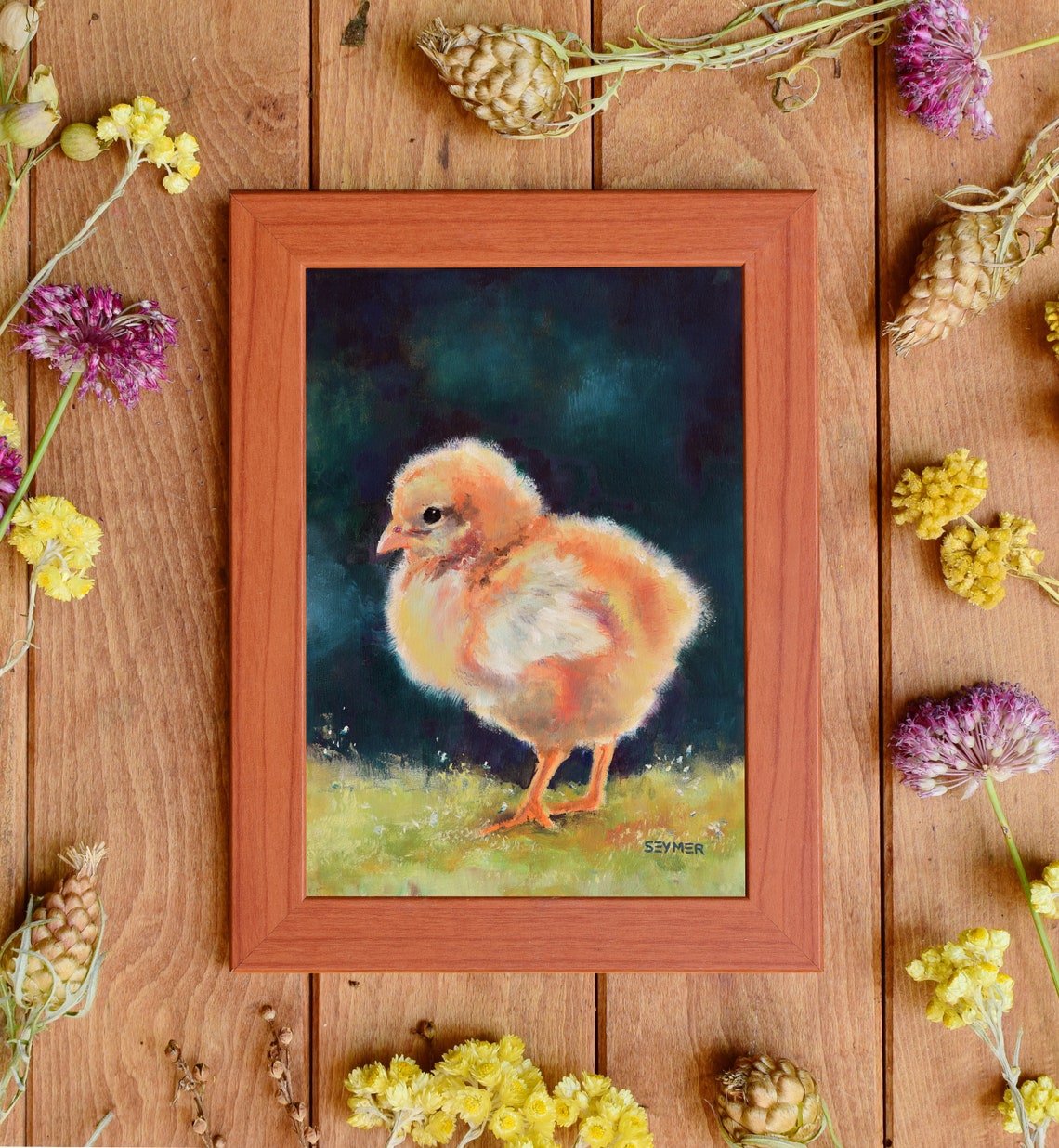 Adorable Fluffy Yellow Chick Oil Painting on a Dark Background Poster