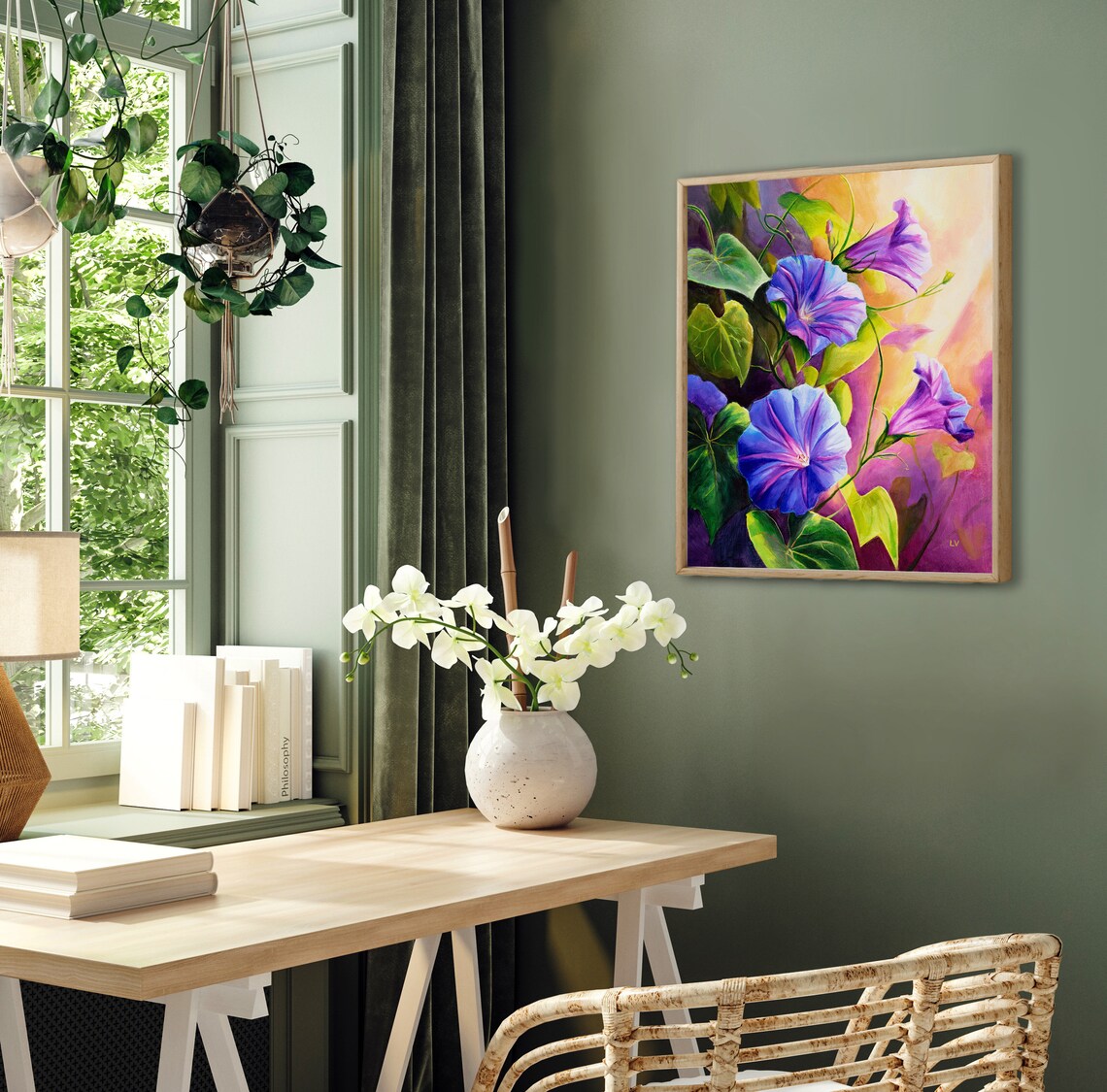Blue Morning Glory Flowers in Sunlight Oil Painting Floral Poster - Image 3