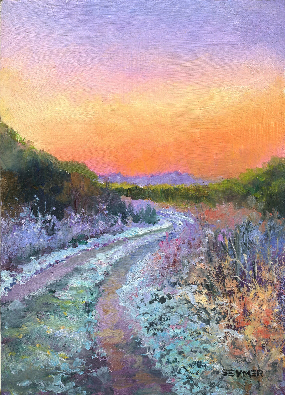 Snowy Country Road Winding through Winter Woods at Sunset Poster
