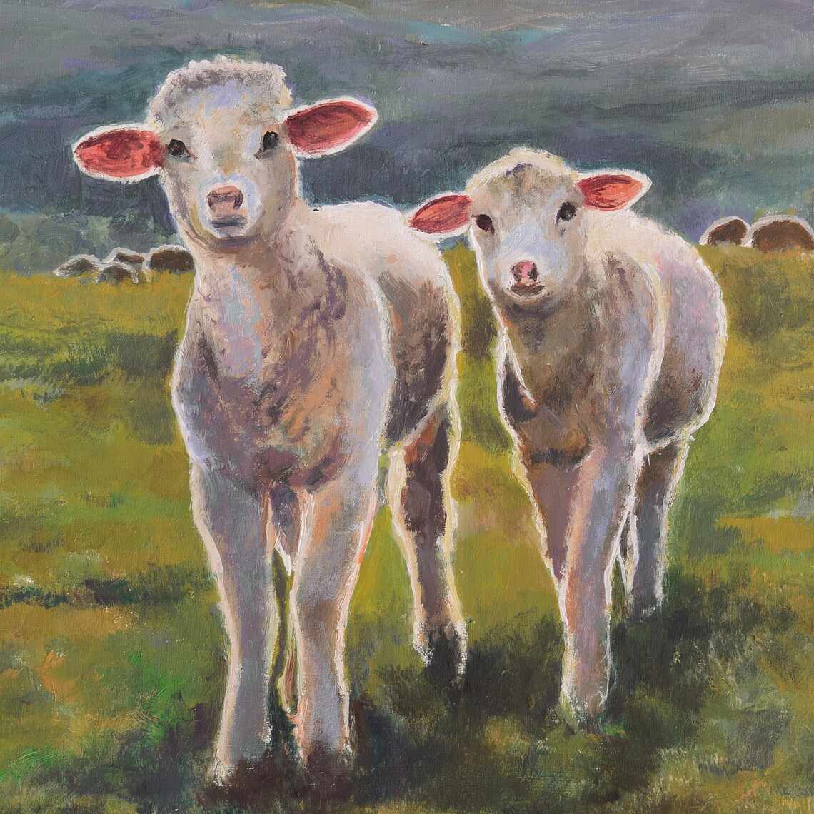 Two Curious Lambs in a Green Meadow at Pink Sunset Oil Painting Poster - Image 6