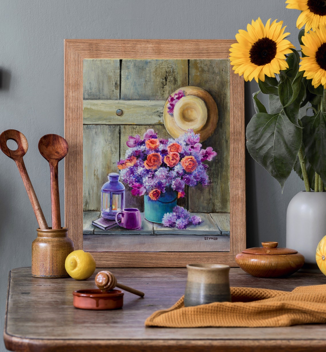 Lilac Roses Bouquet Still Life Painting With Hat And Lantern Poster - Image 5