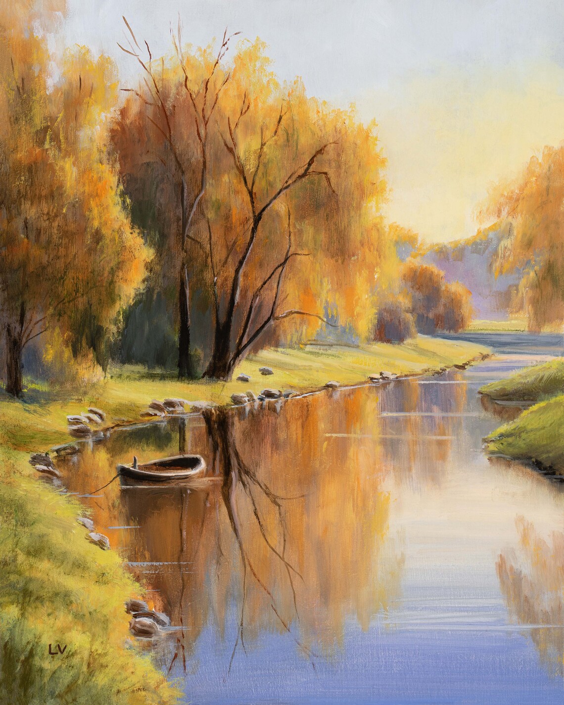 Weeping Willow River and Boat Vintage Oil Print