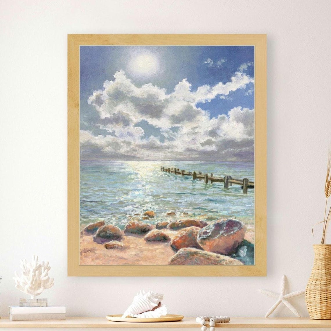 Beach Pier Painting Print Sun Ocean Waves Art Print Sea Shore Oil Painting Nautical Oceanscape Coastal Apartment Decor Beachy Wall Art