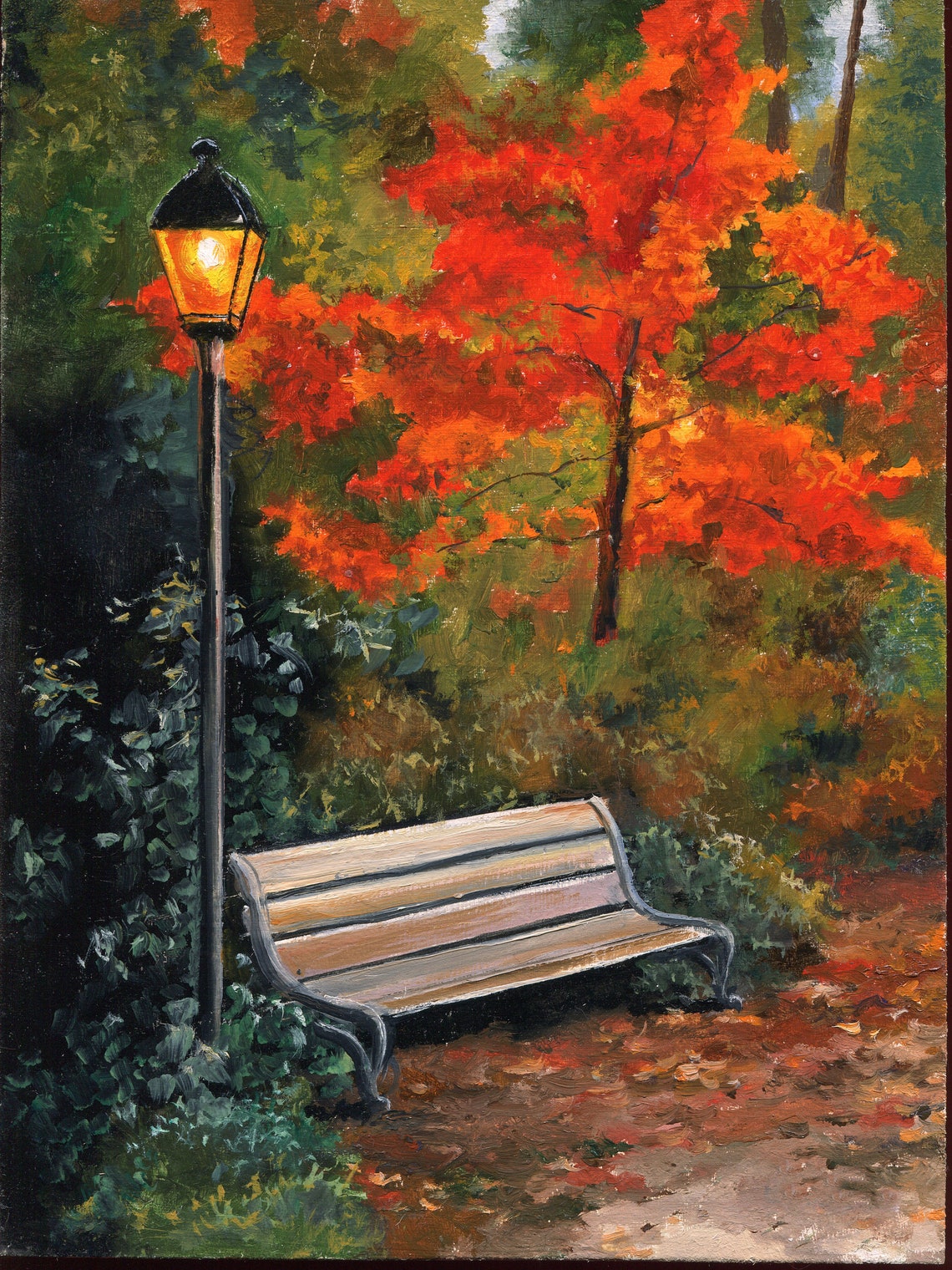 Autumn Central Park Print City Garden Landscape Painting Lamppost And Bench Fall Atmosphere Moody Cityscape Dusk Red Leaves Art Warm Decor - Image 5