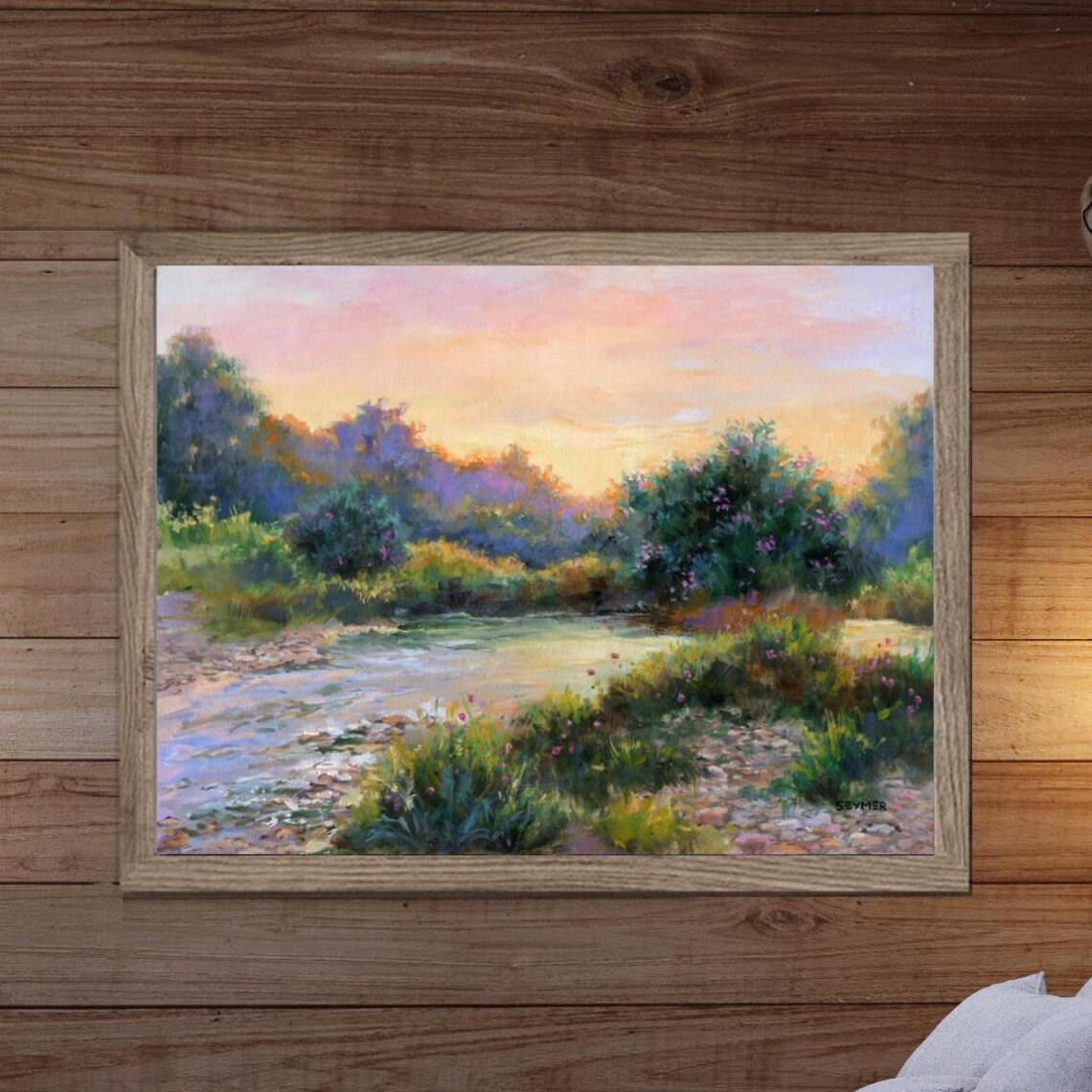 River Sunset Wildflower Landscape Oil Painting With Pink Sky Poster