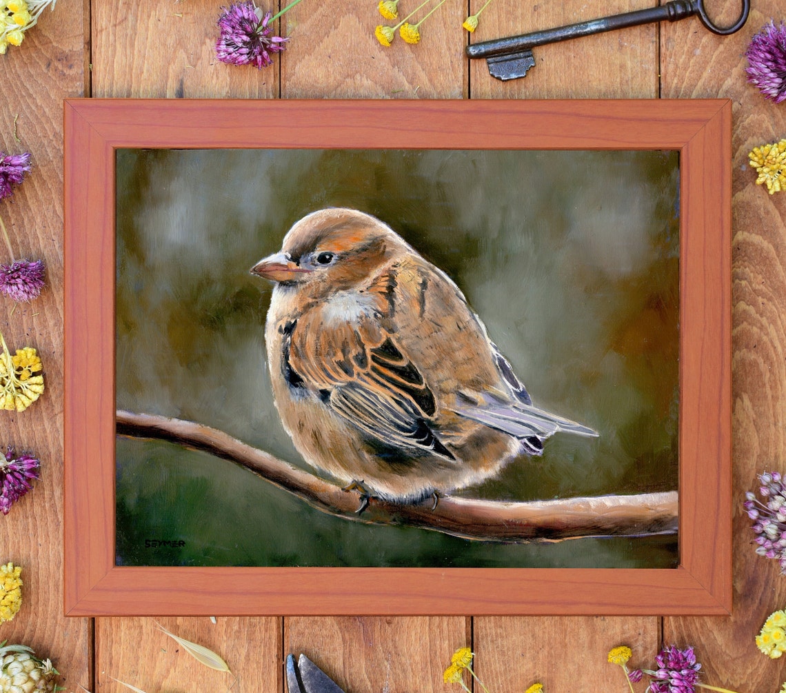 Bird Oil Painting Original Animal Painting On Wood Original Bird Art Framed Vintage Bird Painting Small Art Baby Bird Sparrow Oil Painting - Image 6