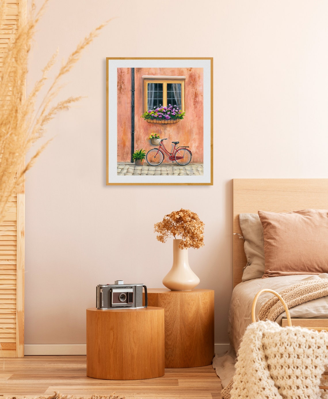 Red Vintage Bicycle with a Flower Basket by a Terracotta Wall Poster - Image 3
