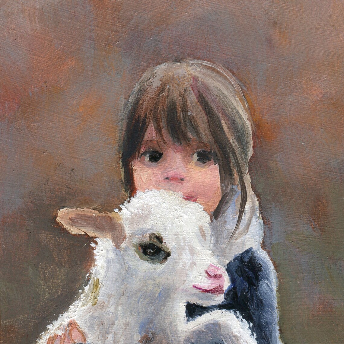 Little Girl Carrying Lamb In Field Farmhouse Oil Painting Poster - Image 3