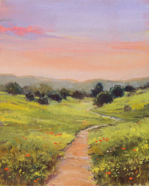 Country Path Painting Meadow Landscape Artwork Sunrise Oil Painting Pink Sky Art Small Artwork For Country Living Room Brown Framed Art