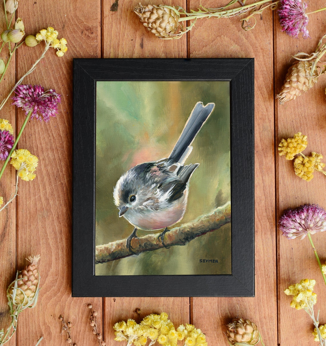 Long-Tailed Tit Perched on a Branch Wildlife Bird Painting Poster - Image 2