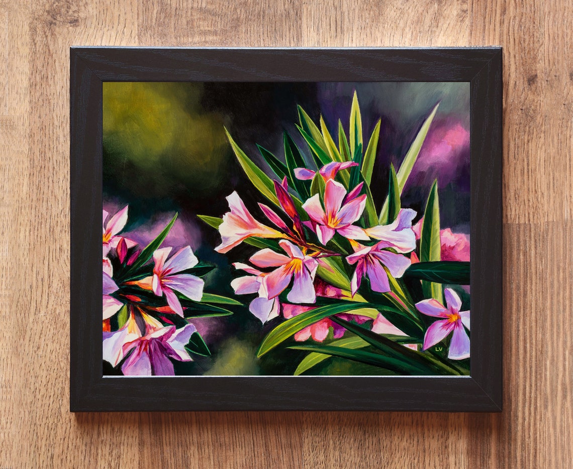 Pink Oleander Blossoms Dramatic Dark Garden Night Oil Painting Poster