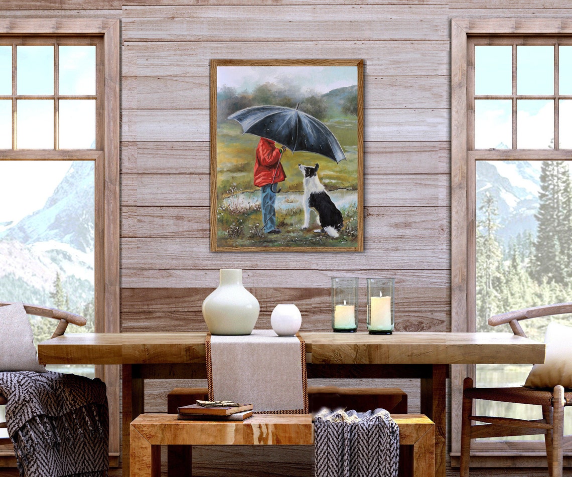 Boy in a Red Raincoat Sharing His Umbrella with a Border Collie Poster - Image 2