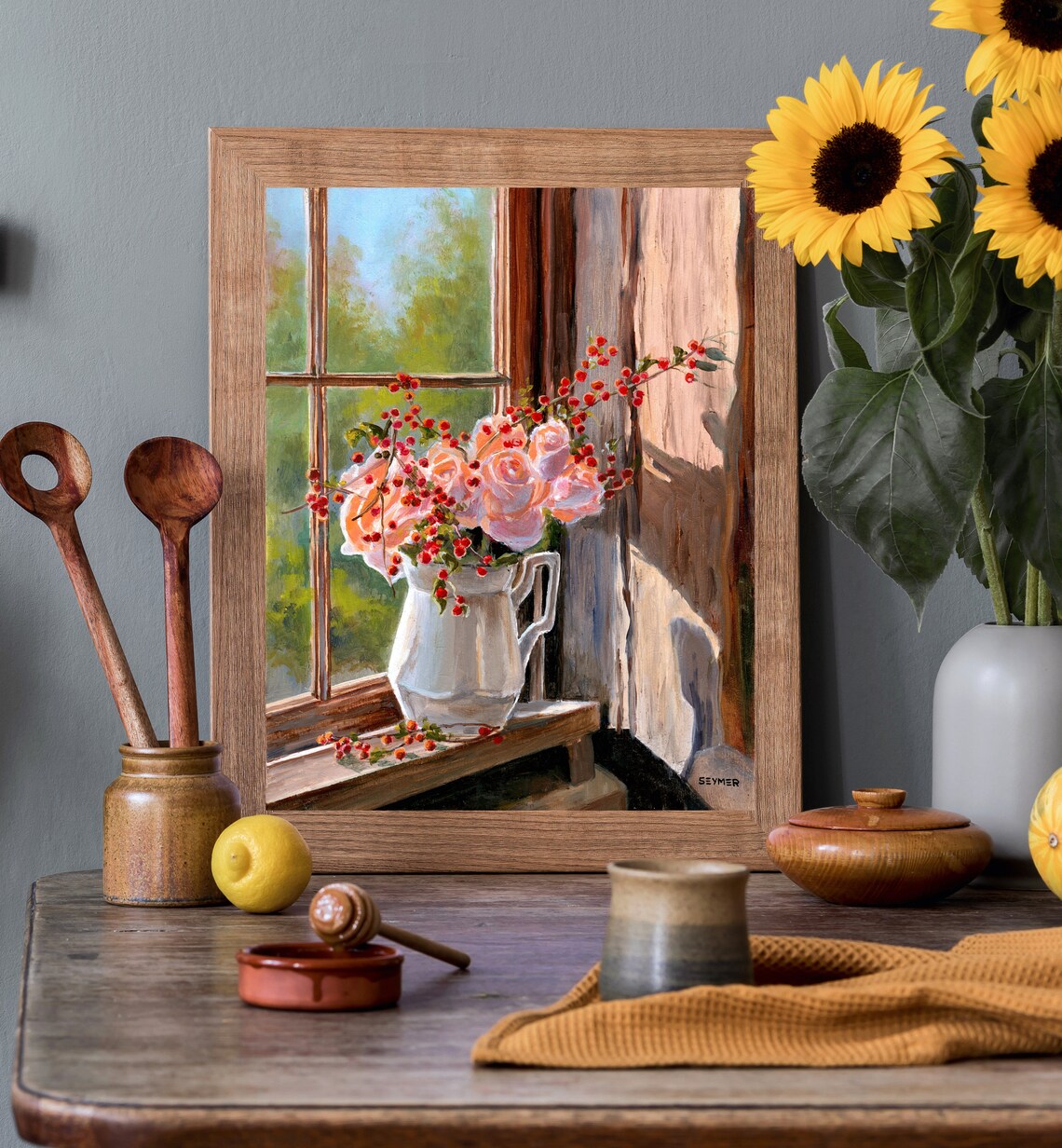 Pink Roses In Pitcher Window Still Life Floral Oil Painting Poster - Image 4
