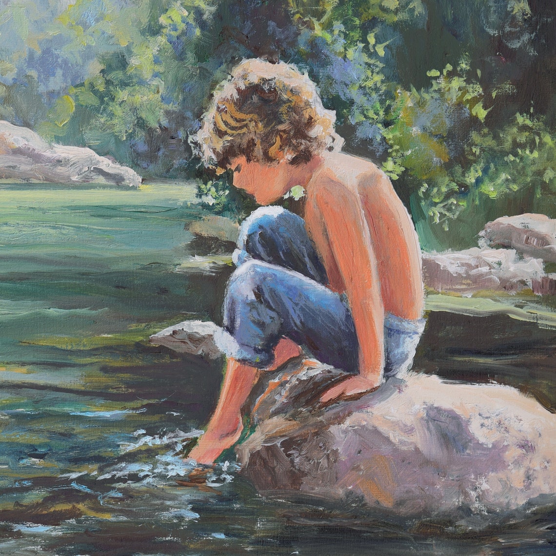 Young Boy Sitting by a Creek Dipping His Toes in the Water Poster - Image 6