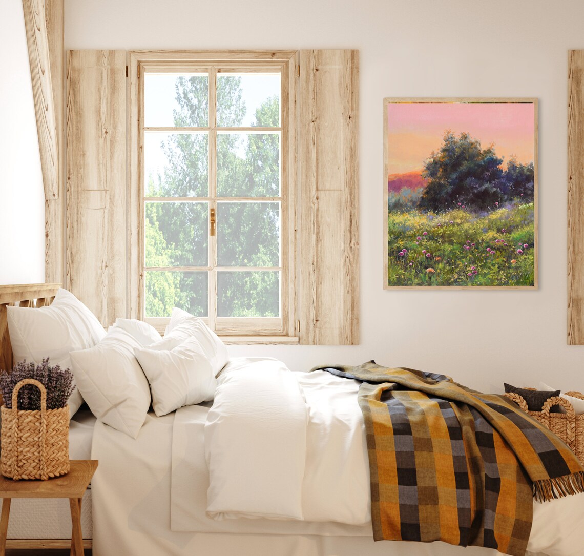 Wildflower Meadow at Sunset beside a Large Leafy Shade Tree Poster - Image 2