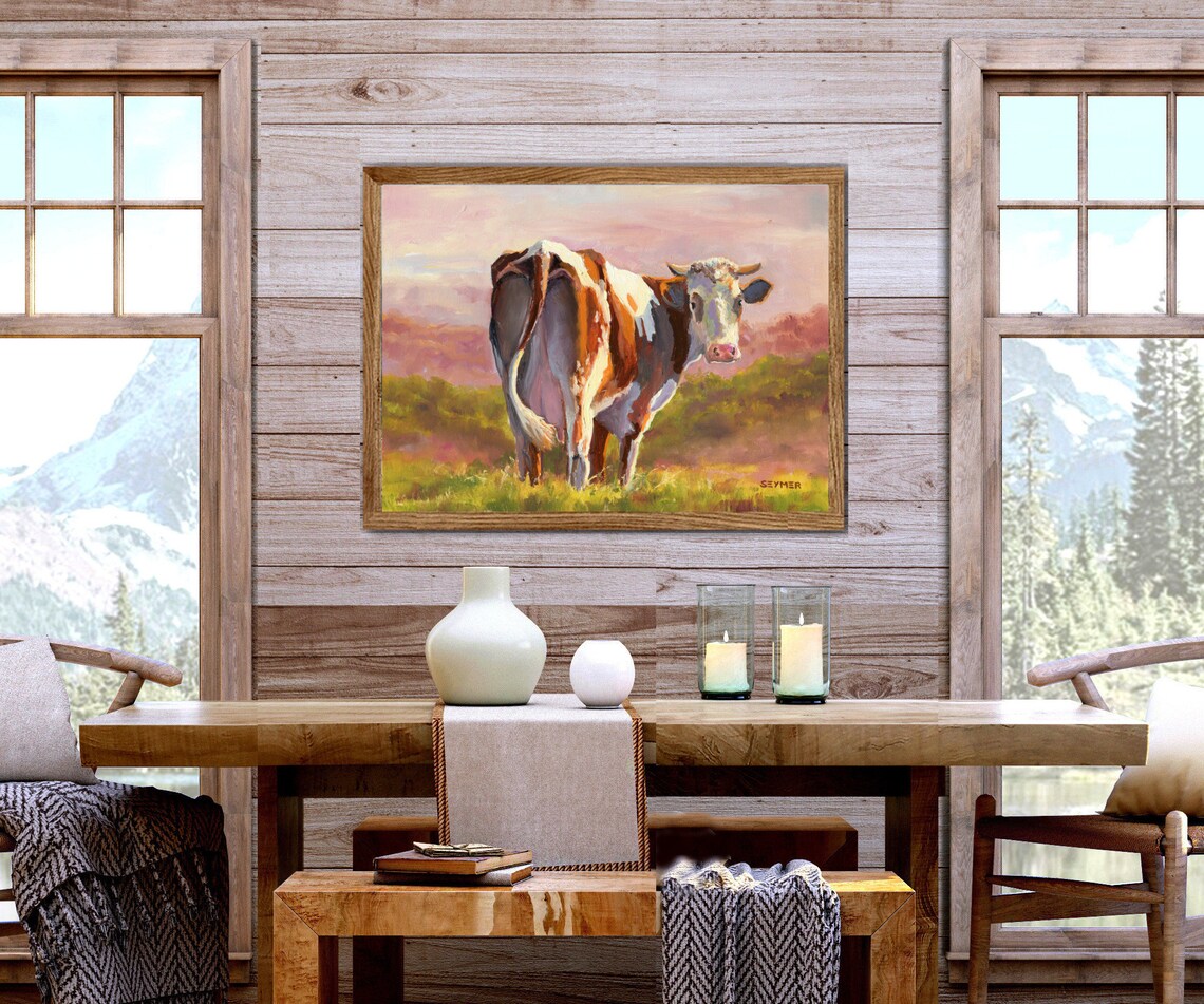 Brown White Cow Looking Back Pasture Sunset Farm Oil Painting Poster - Image 5