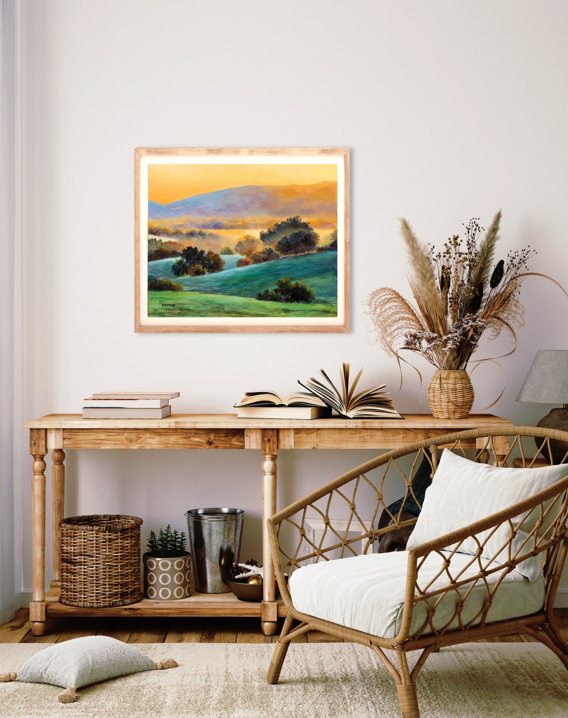 Misty Meadow Golden Sunrise Rolling Hills Country Trees Poster - Image 3
